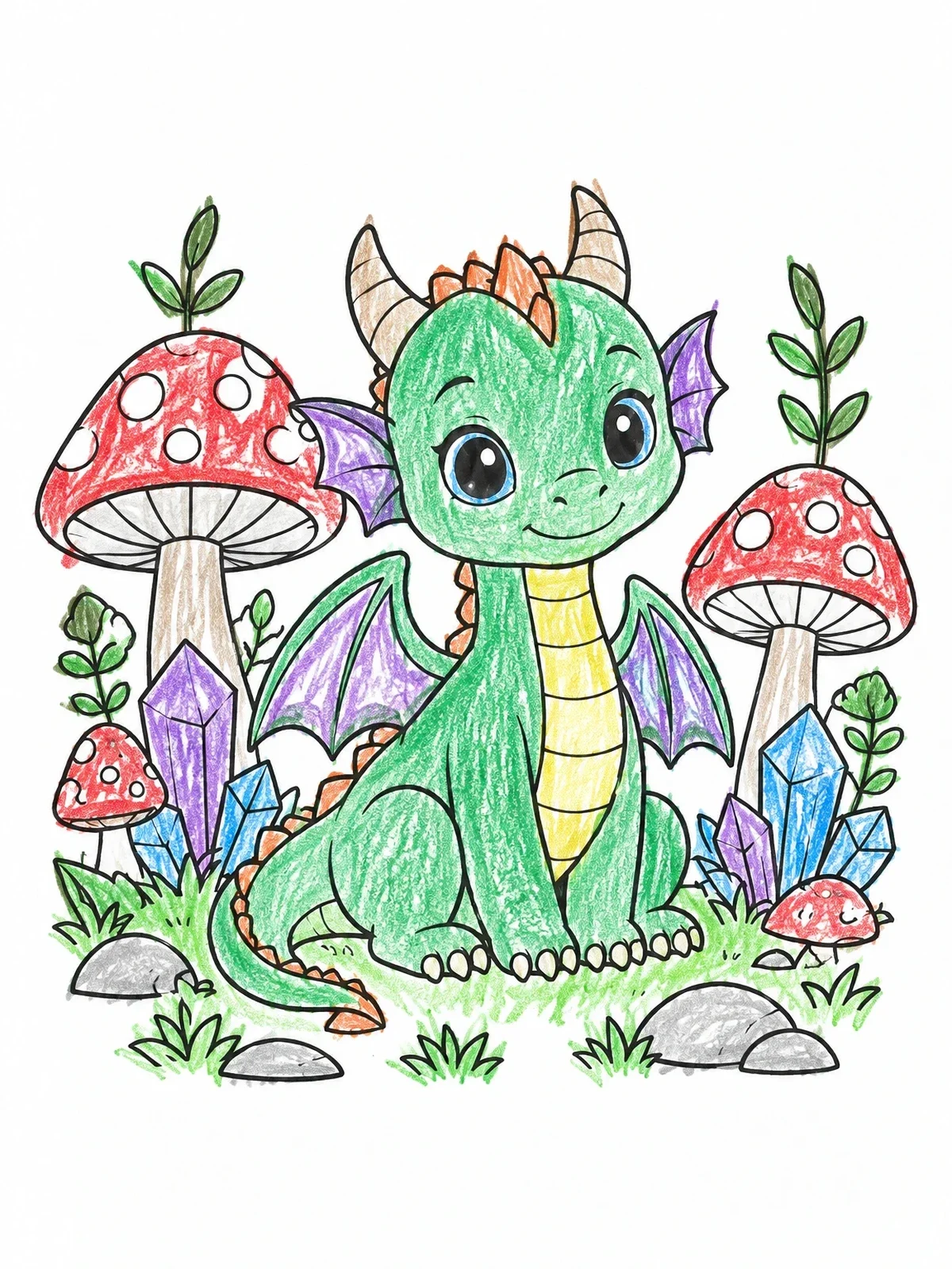 Colored example of the Cute Baby Dragon With Mushrooms coloring page