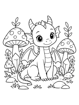 Free printable Cute Baby Dragon With Mushrooms coloring page