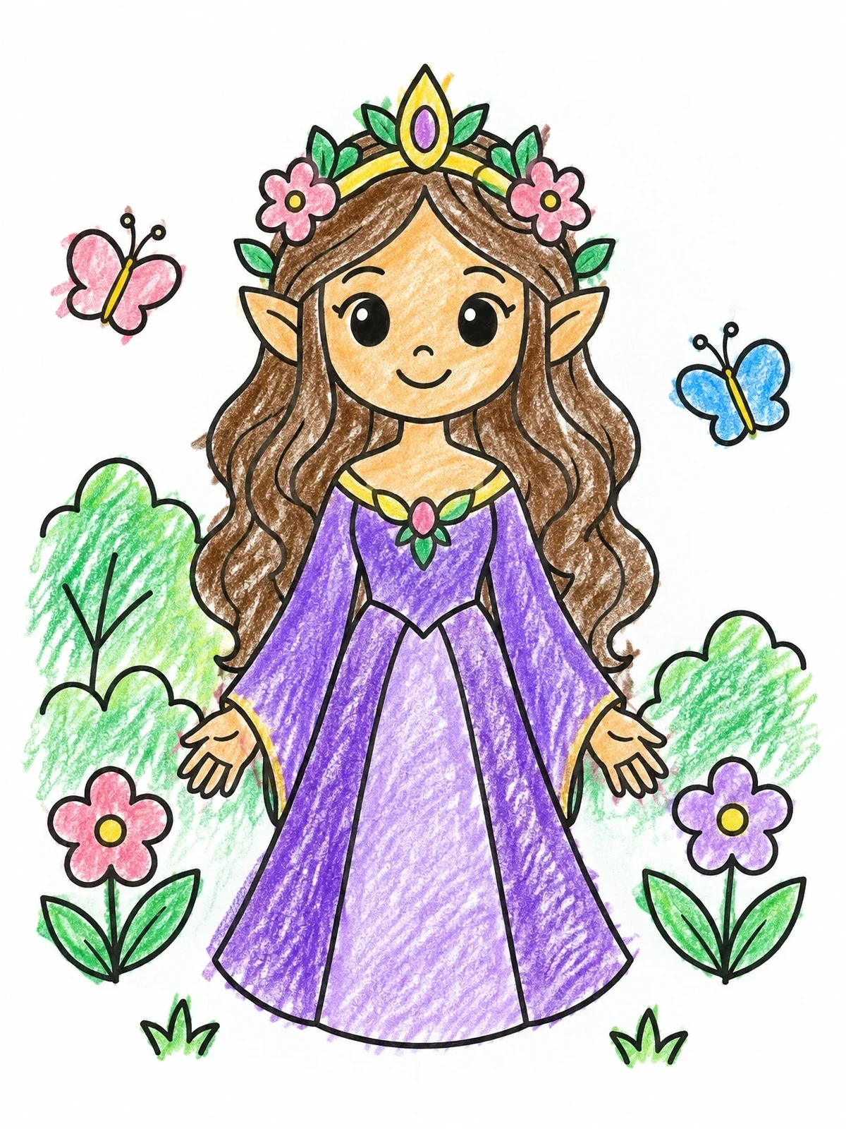 Colored example of the Cute Elf Princess In The Meadow coloring page