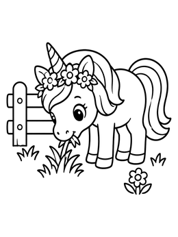 Free printable Cute Unicorn Eating Grass By Fence coloring page