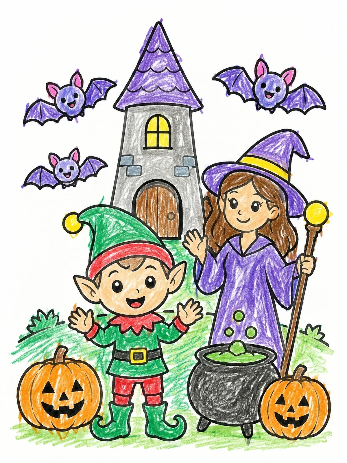 Colored example of the Elf And Witch By Tower coloring page