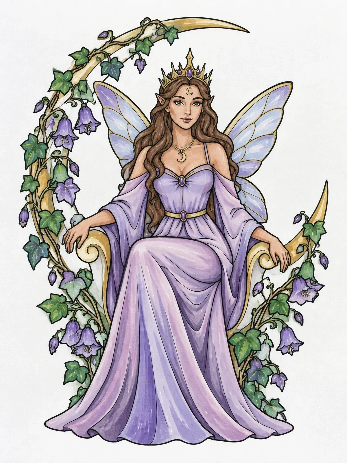 Colored example of the Fairy Queen On Crescent Throne coloring page