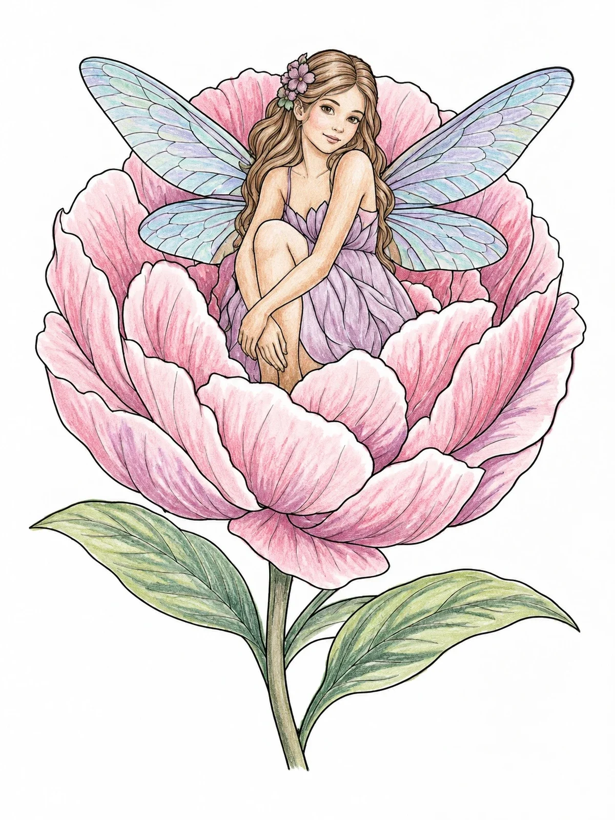 Colored example of the Fairy Resting In A Peony Flower coloring page