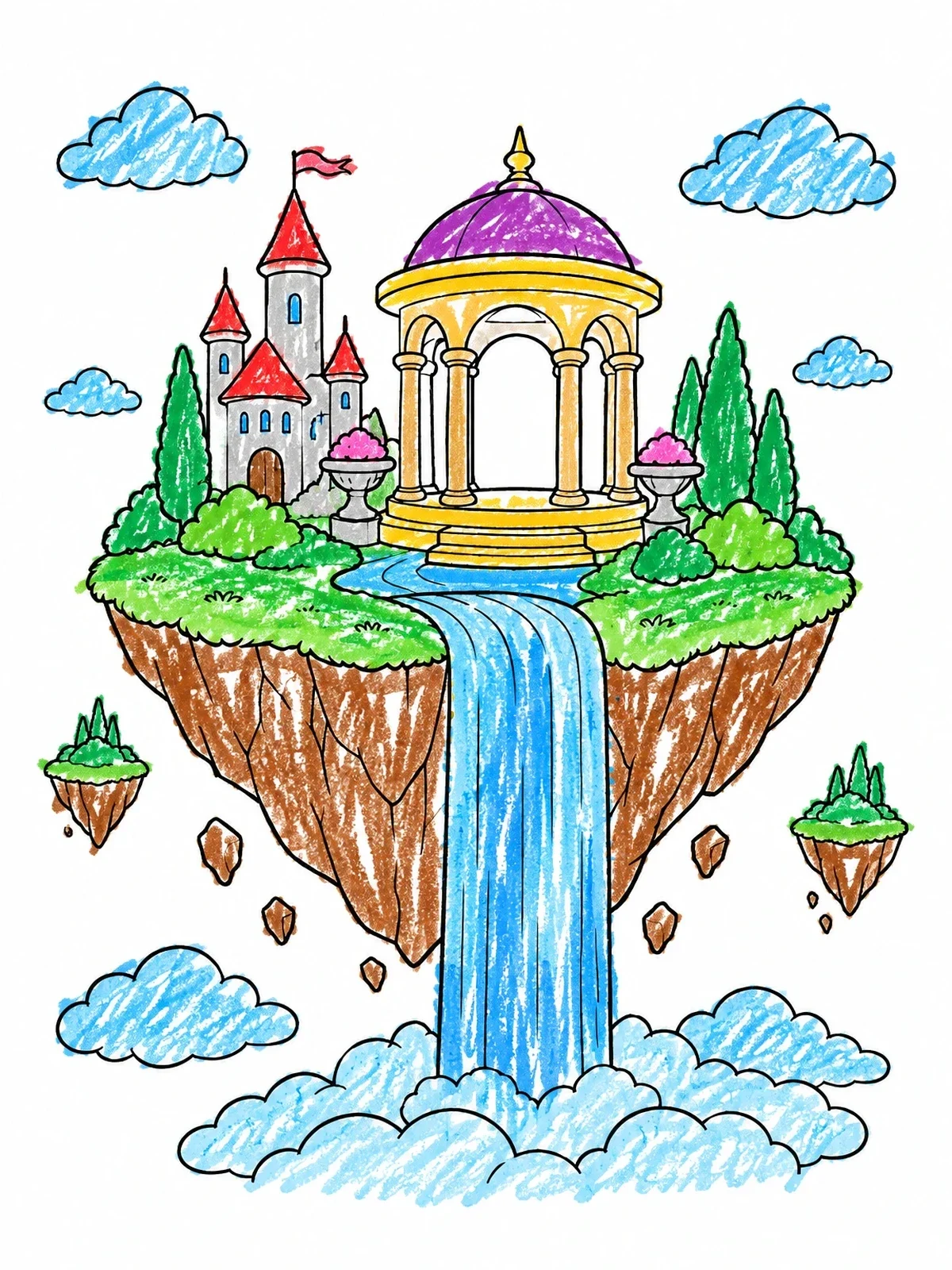 Colored example of the Floating Island With Gazebo And Waterfall coloring page