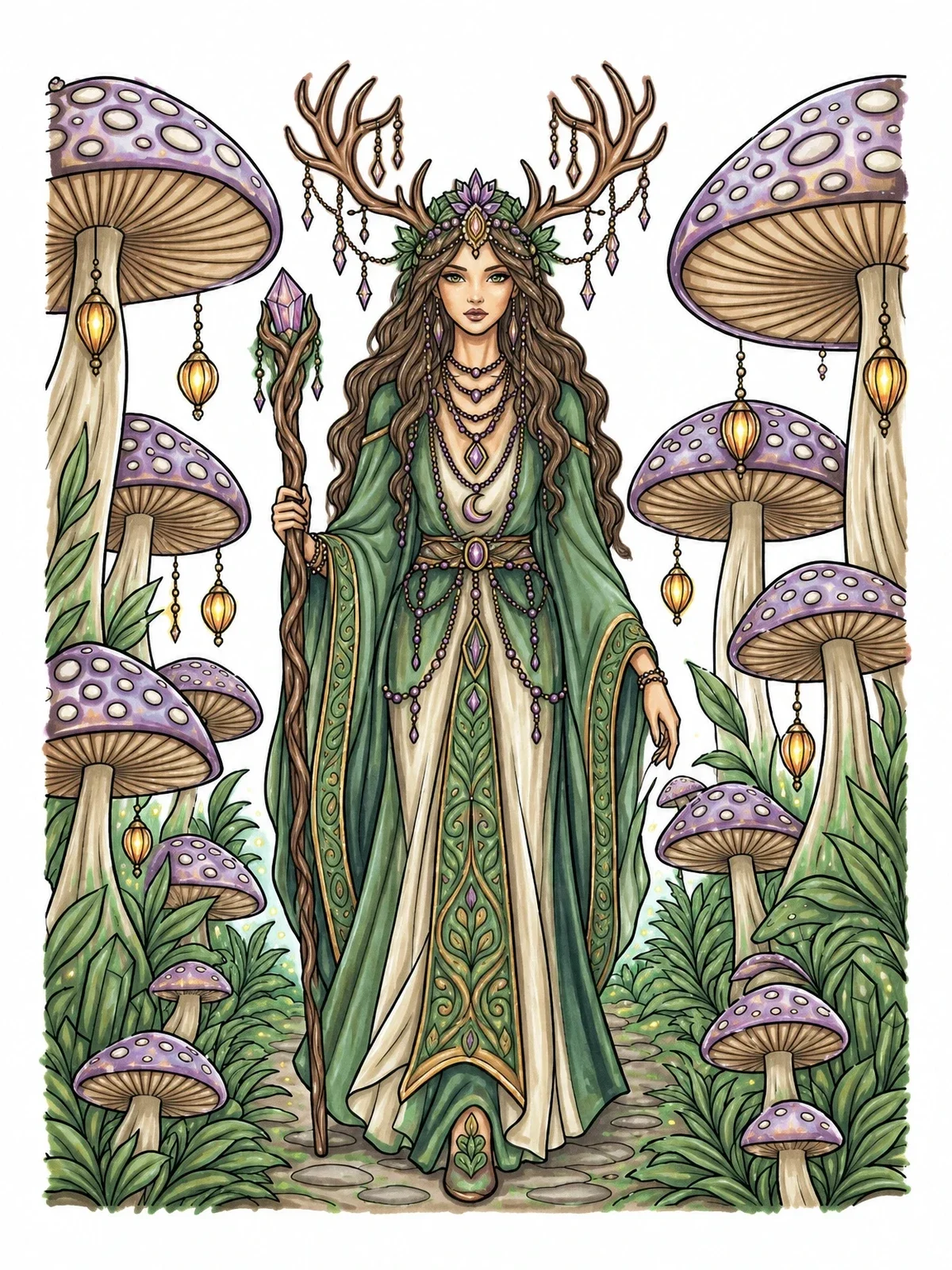 Colored example of the Forest Sorceress With Antler Crown coloring page