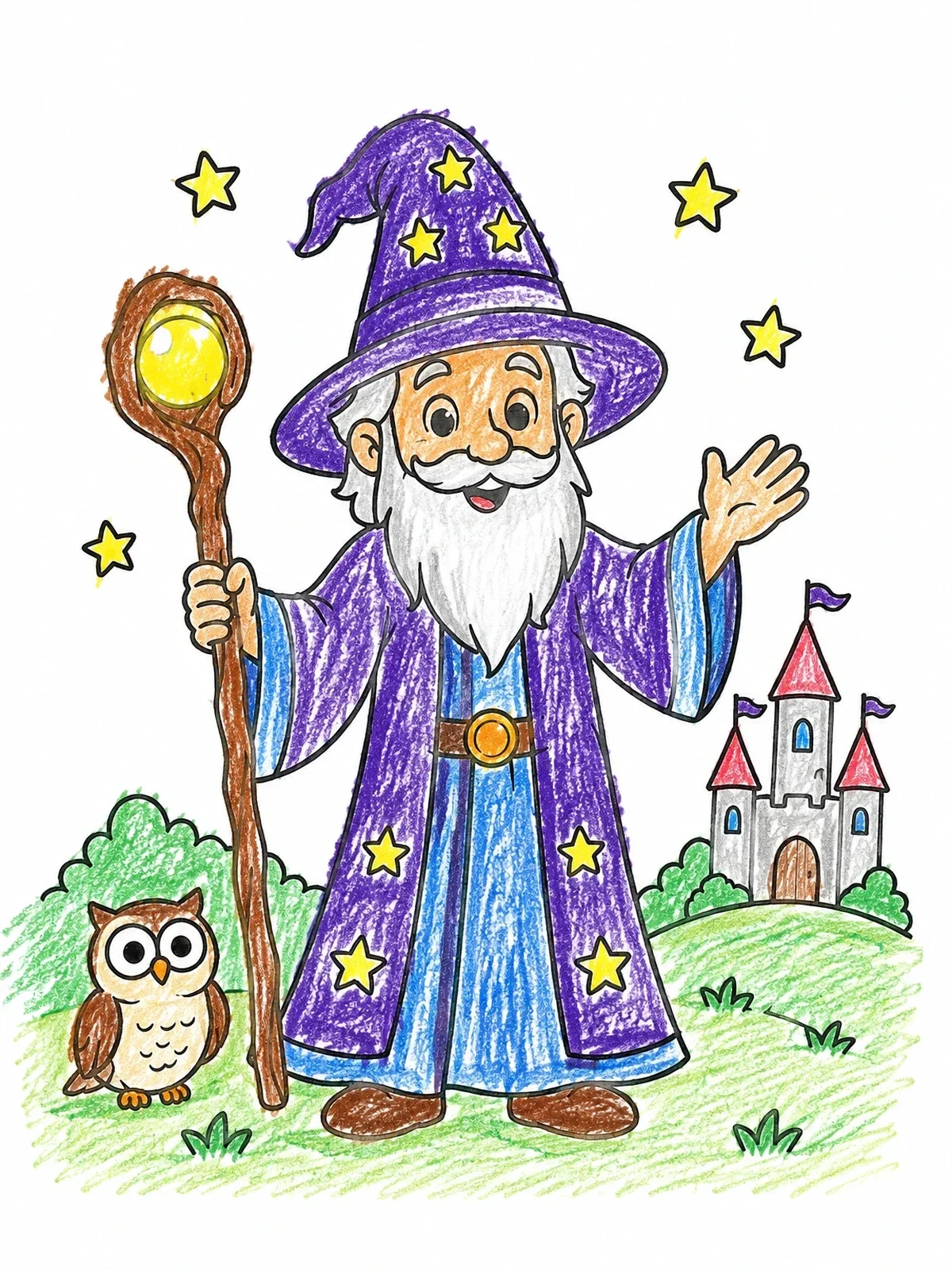 Colored example of the Friendly Wizard With Owl And Castle coloring page