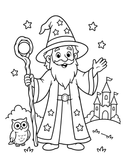 Free printable Friendly Wizard With Owl And Castle coloring page