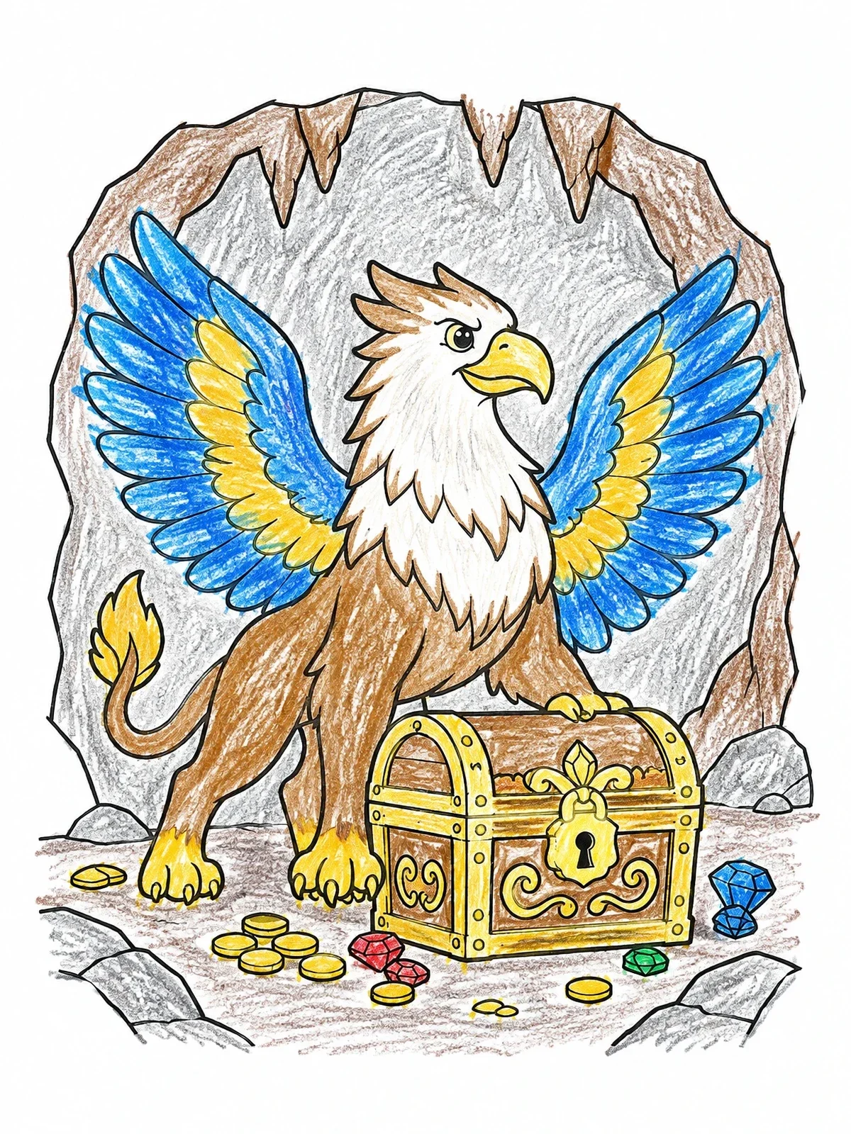 Colored example of the Griffin Guarding Cave Treasure Chest coloring page