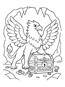 Free printable Griffin Guarding Cave Treasure Chest coloring page