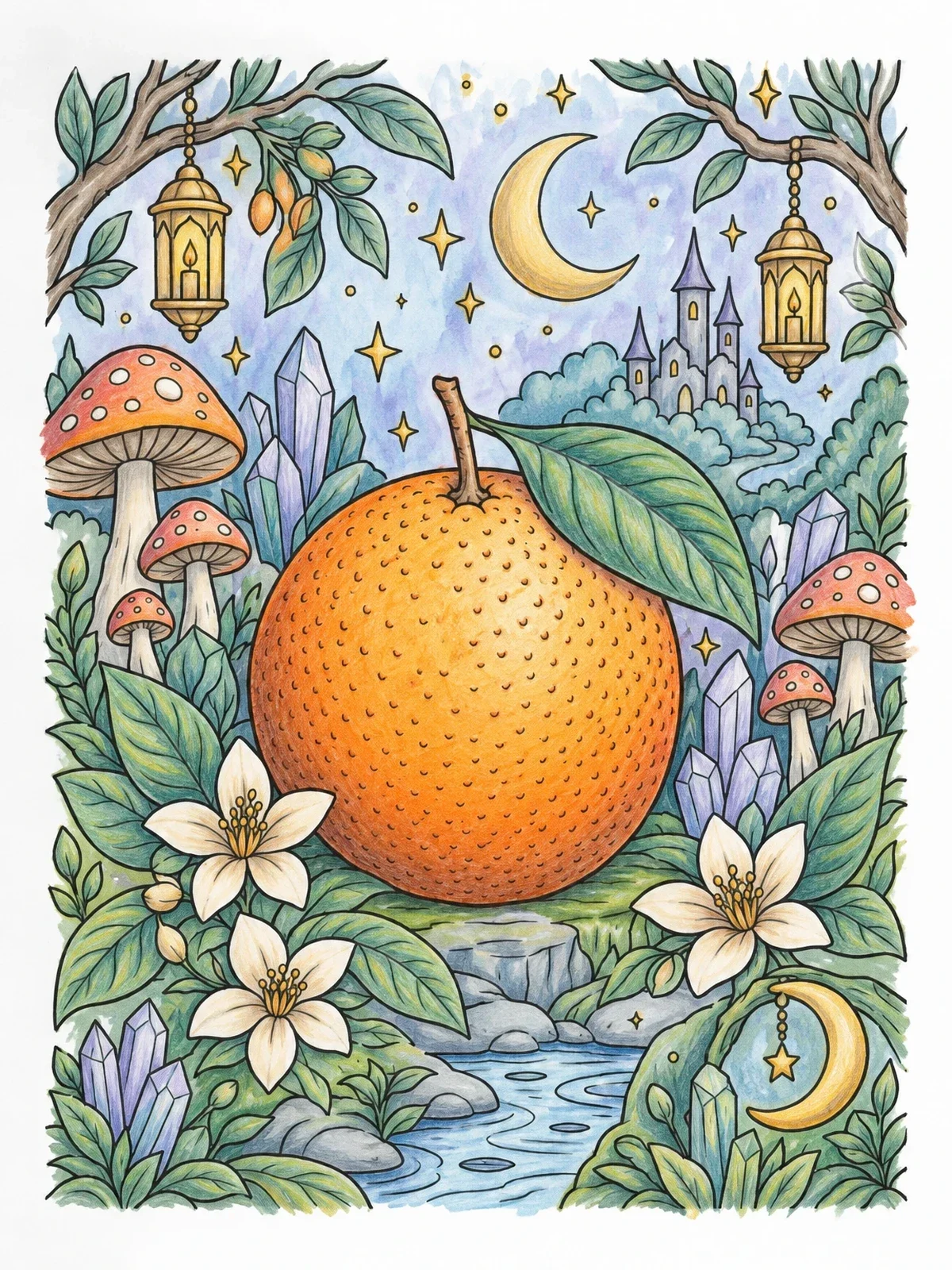 Colored example of the Fantasy Landscape With Ripe Orange coloring page