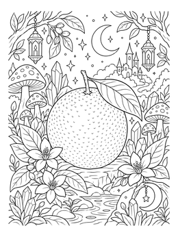 Detailed fantasy orange coloring page with mushrooms, crystals, and a castle under the moon.