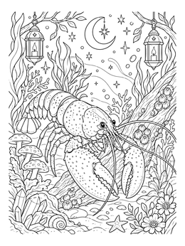 A detailed lobster coloring page surrounded by barnacles, crystals, and lanterns beneath the sea.
