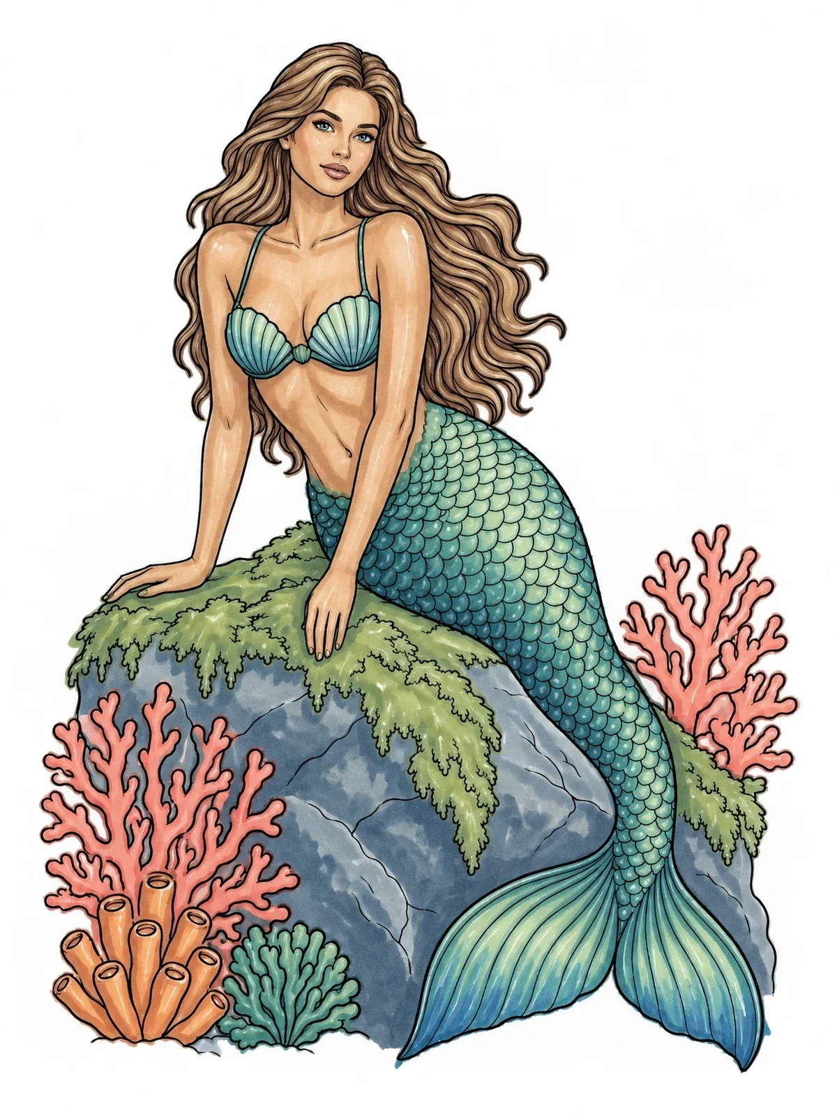 Colored example of the Mermaid Resting On Ocean Rock coloring page