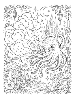 A magical octopus coloring page with lanterns, an underwater castle, and billowing ink clouds.