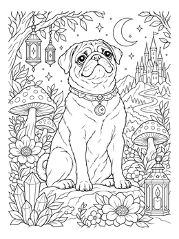 A magical pug coloring page showing a dog sitting outside a castle under the moon.