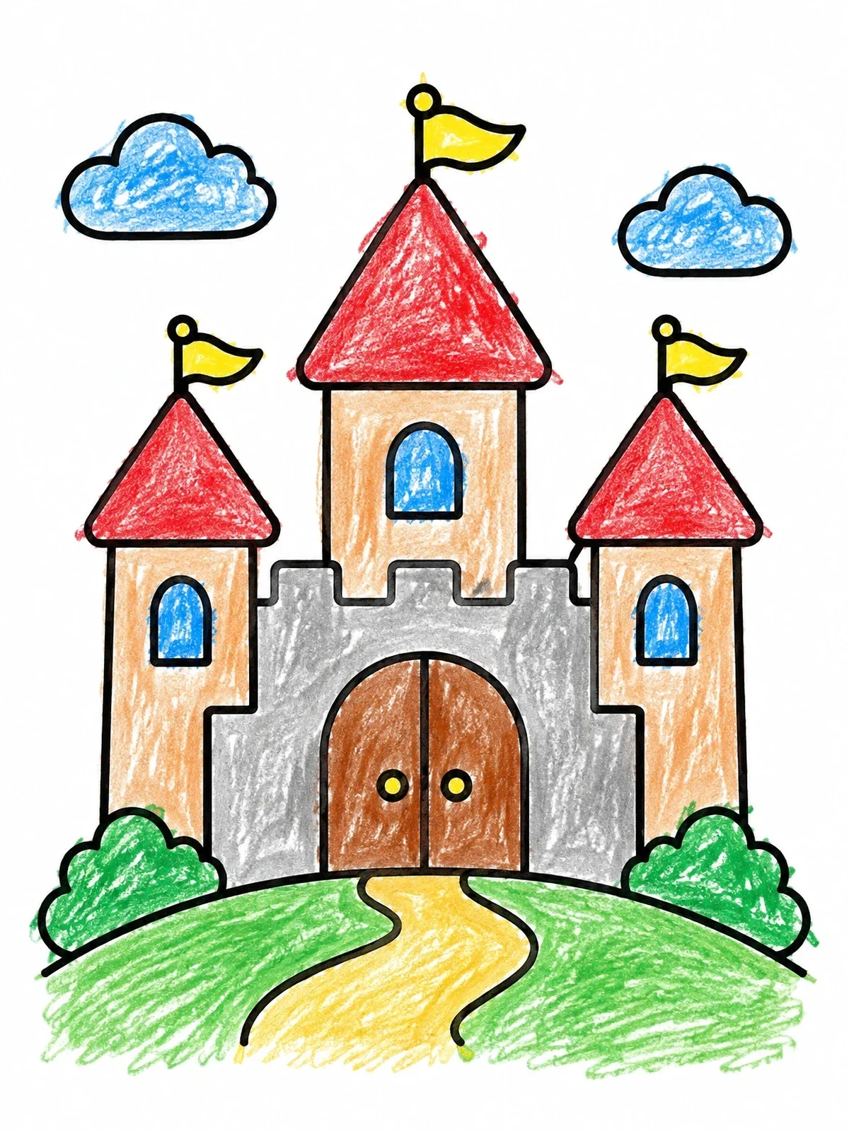 Colored example of the Simple Fairytale Castle On A Hill coloring page