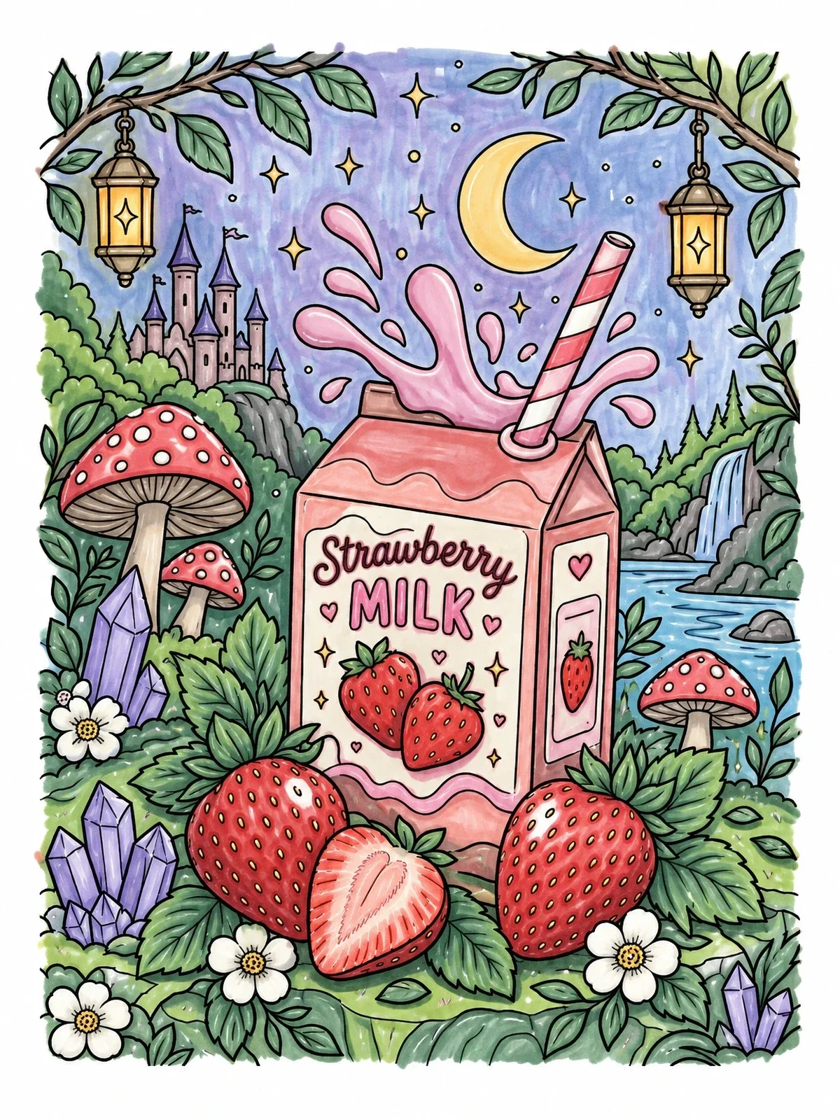 Colored example of the Fantasy Strawberry Milk Carton Landscape coloring page
