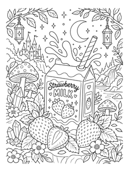 A magical strawberry coloring page featuring a milk carton surrounded by berries and a castle.