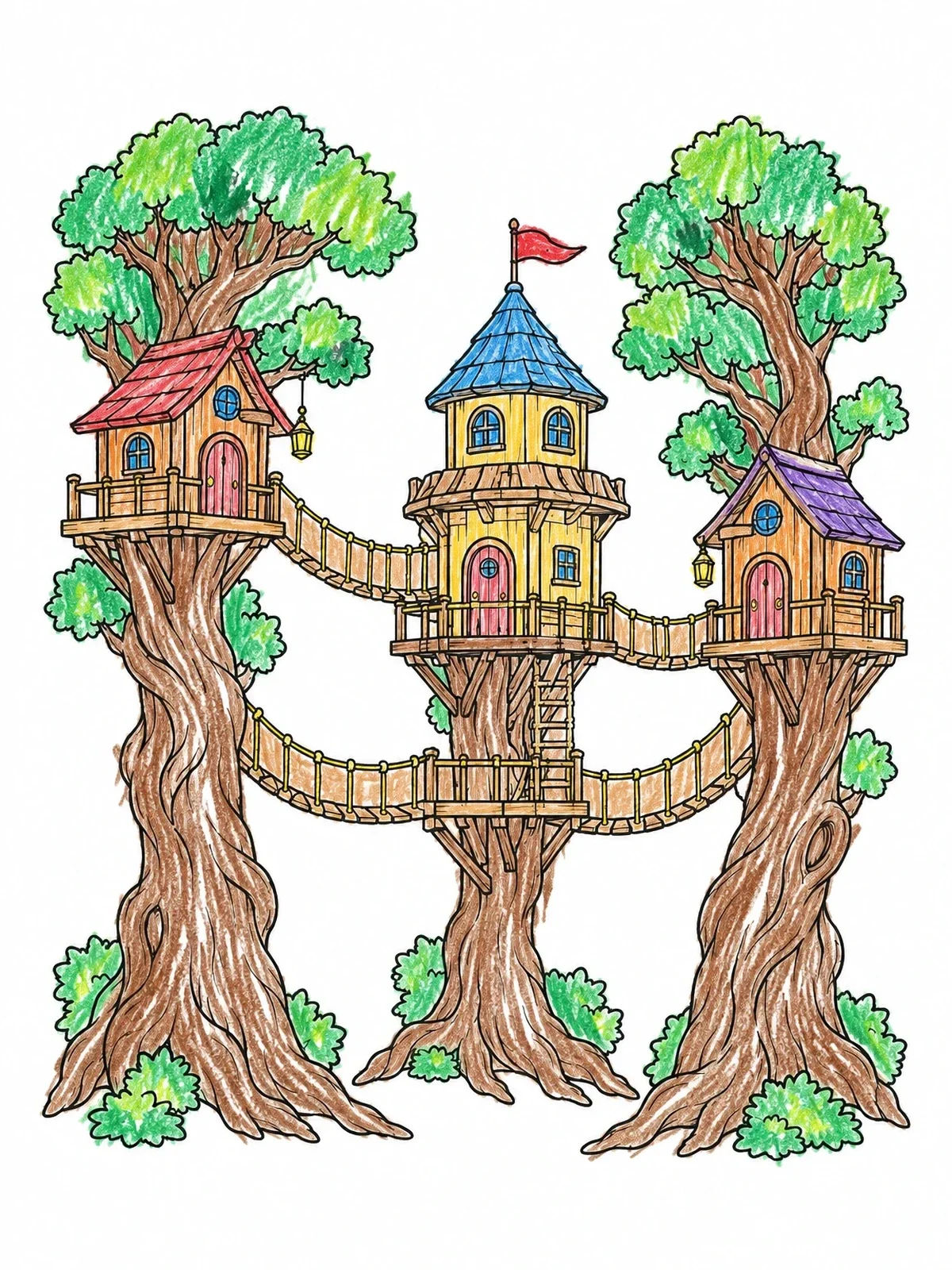 Colored example of the Fantasy Treehouse Village With Bridges coloring page