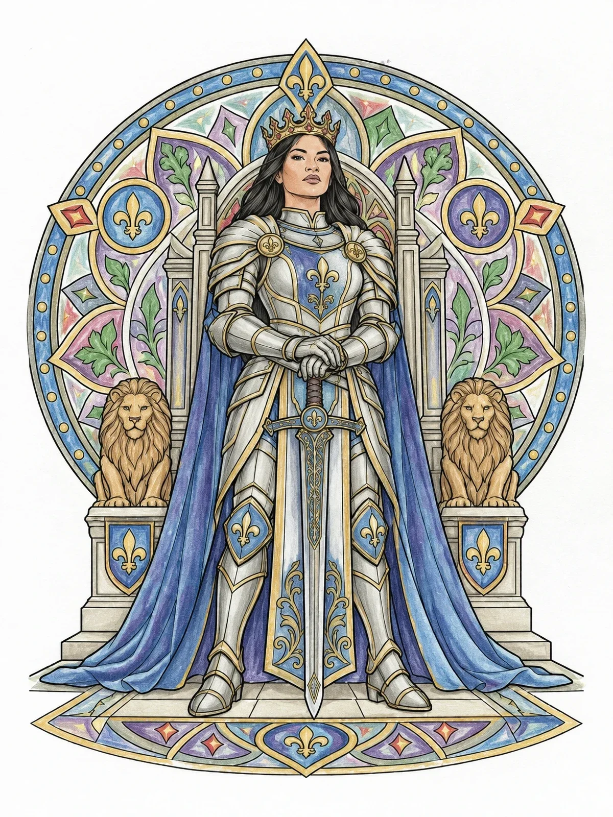 Colored example of the Warrior Queen At Her Royal Throne coloring page