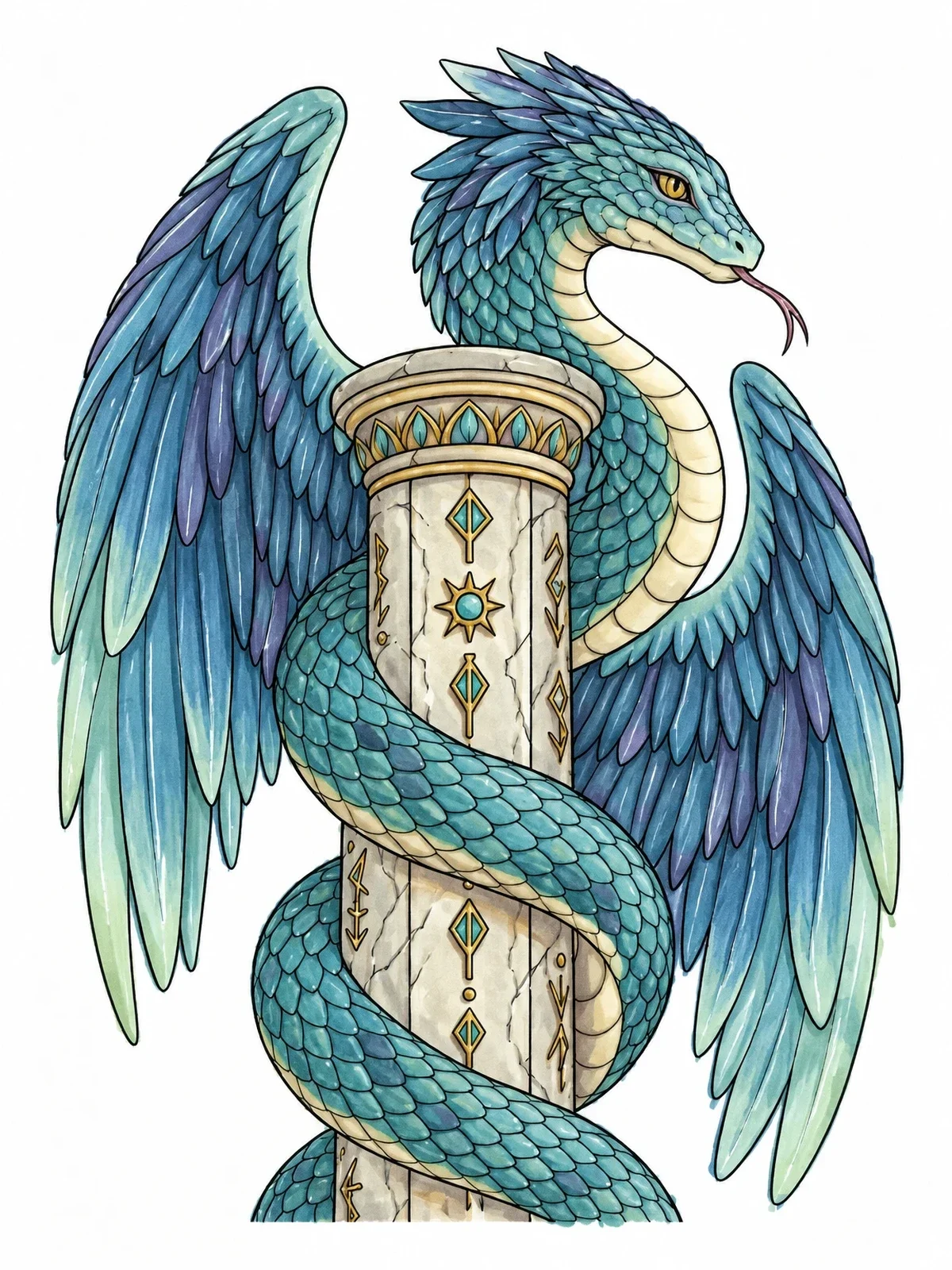 Colored example of the Winged Serpent On Ancient Pillar coloring page