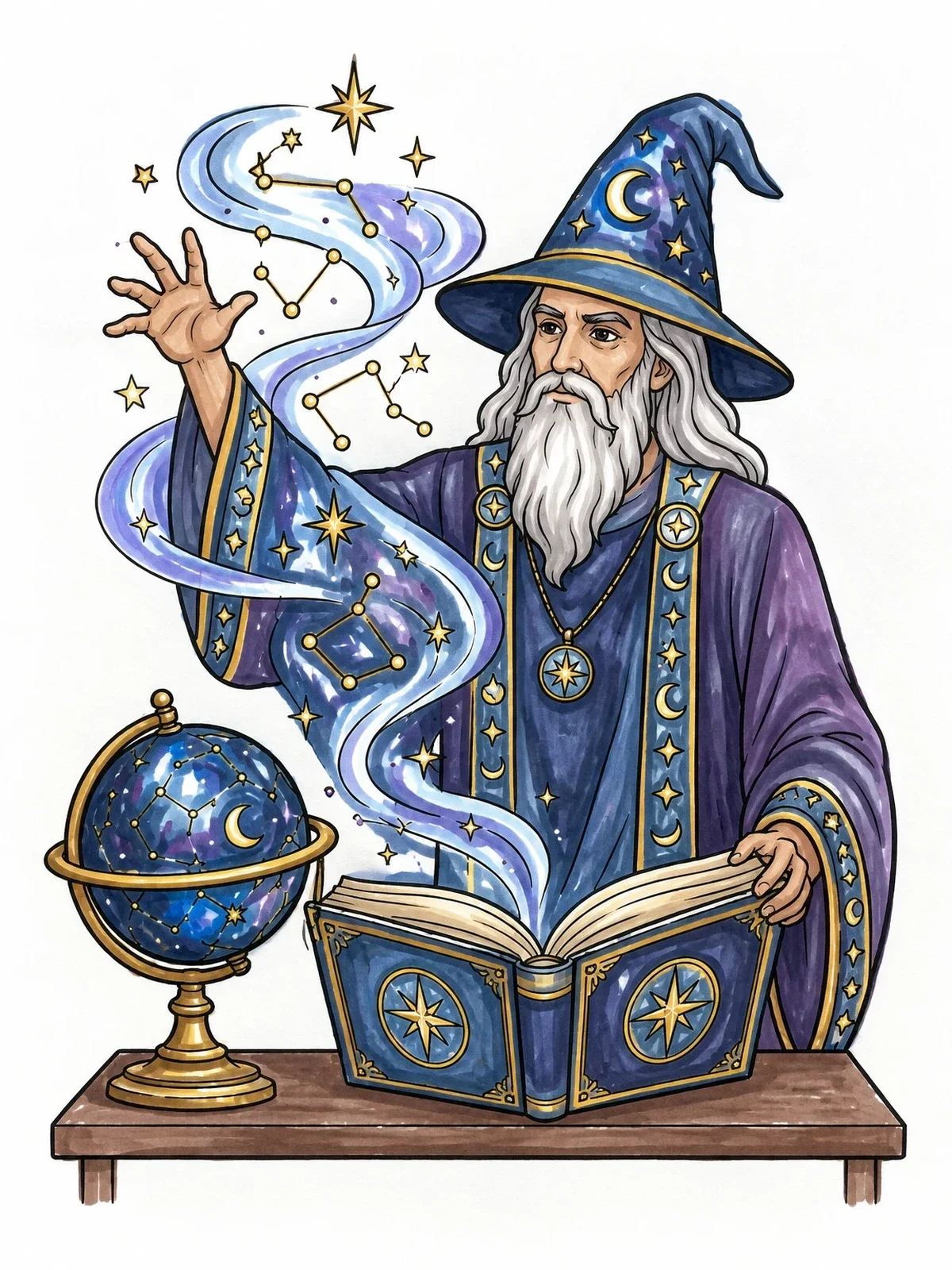 Colored example of the Wise Wizard Casting Star Spells coloring page