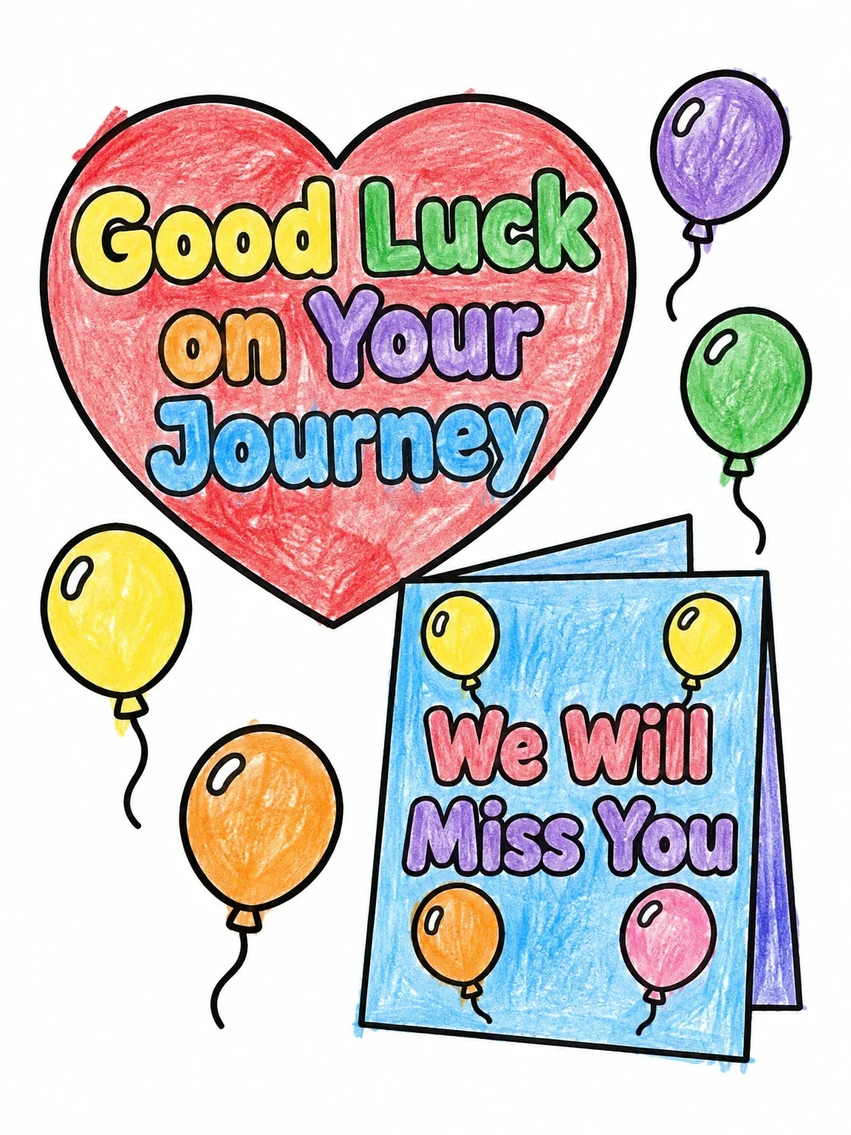 Colored example of the Farewell Card And Heart Balloons coloring page