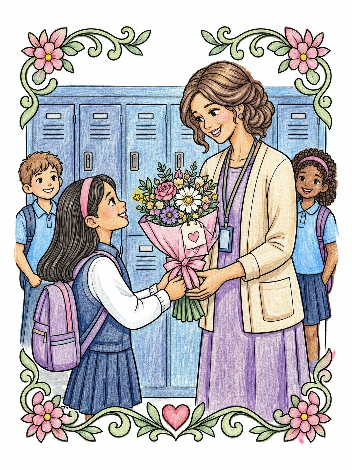 Colored example of the Farewell Flowers For The Teacher coloring page