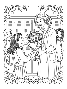 A student gives a bouquet on this farewell goodbye coloring page.
