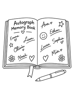 An open autograph memory book with signatures and doodles on this farewell goodbye coloring page.