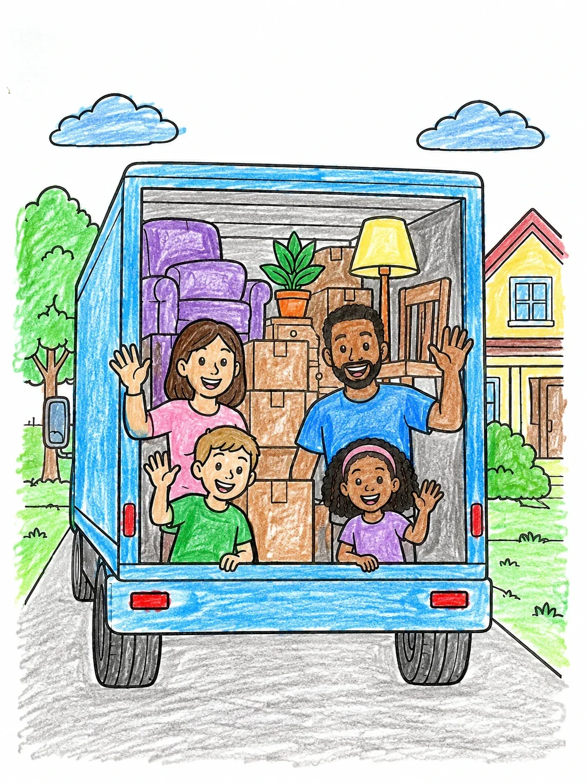 Colored example of the Family Waving From Moving Truck coloring page