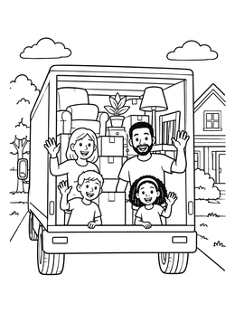 Free printable Family Waving From Moving Truck coloring page
