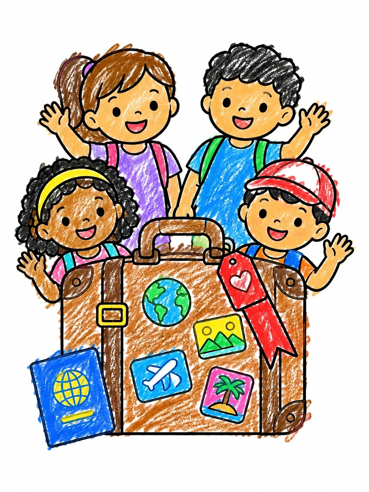 Colored example of the Happy Children Waving Beside Travel Suitcase coloring page