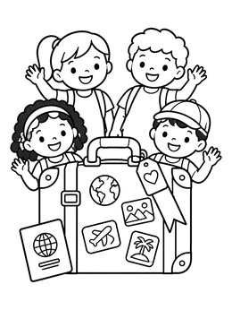 Free printable Happy Children Waving Beside Travel Suitcase coloring page