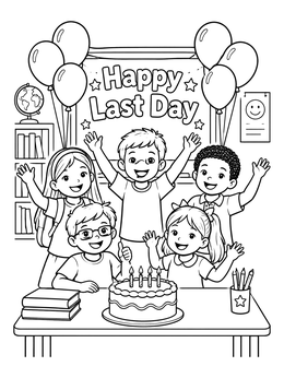 Students celebrating in a farewell goodbye coloring page with cake and balloons.