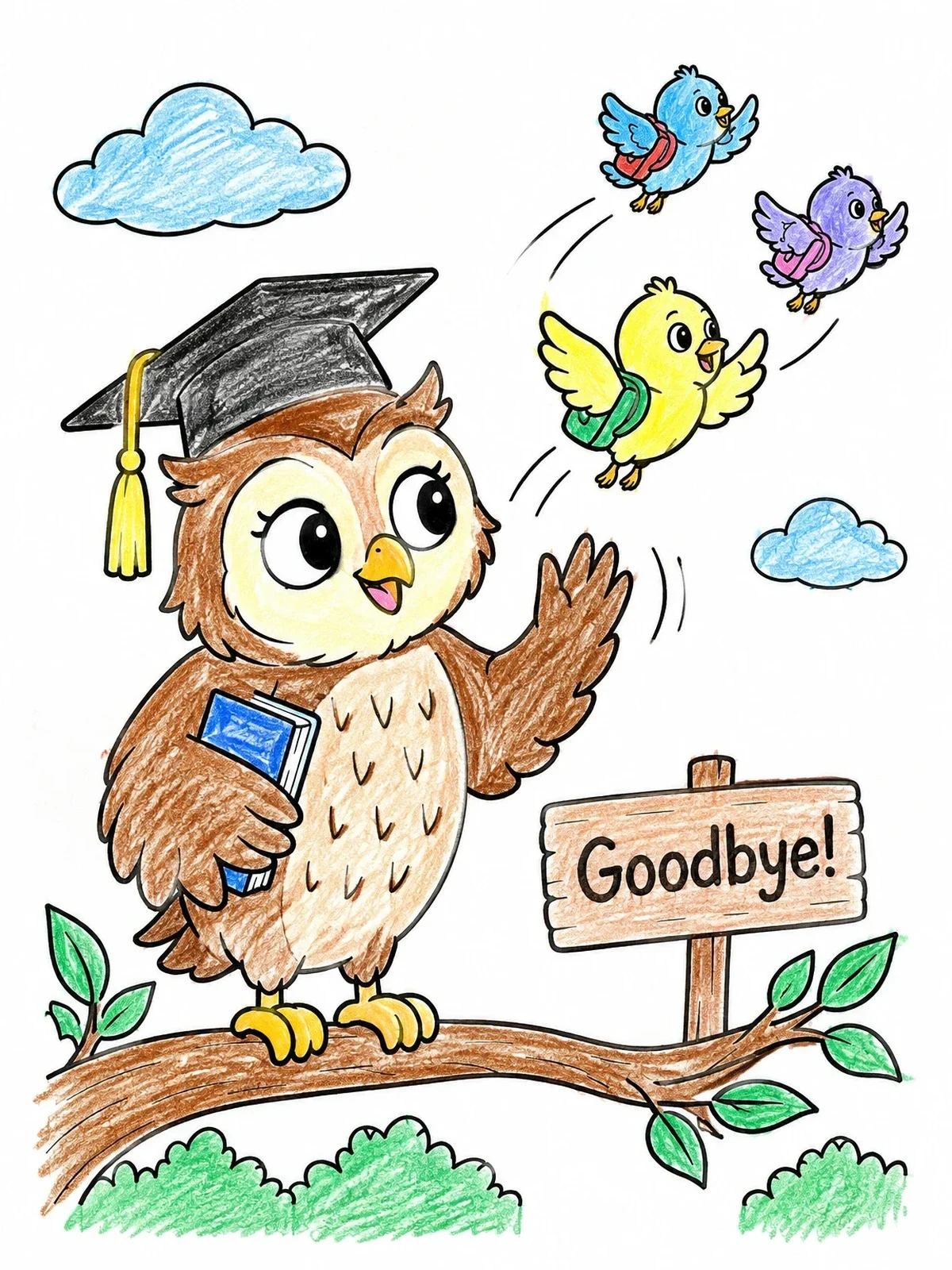Colored example of the Owl Teacher Waving Goodbye To Flying Birds coloring page