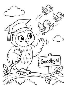 An owl teacher in a graduation cap waving in this farewell goodbye coloring page.