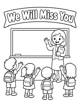Free printable Students Waving Goodbye To Teacher coloring page