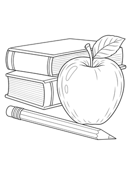A farewell goodbye coloring page showing an apple, stacked books, and a pencil on a desk.