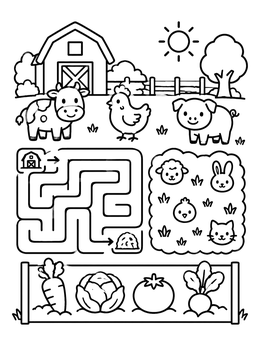 A fun farm placemat coloring page with cute animals, a maze, and vegetables.