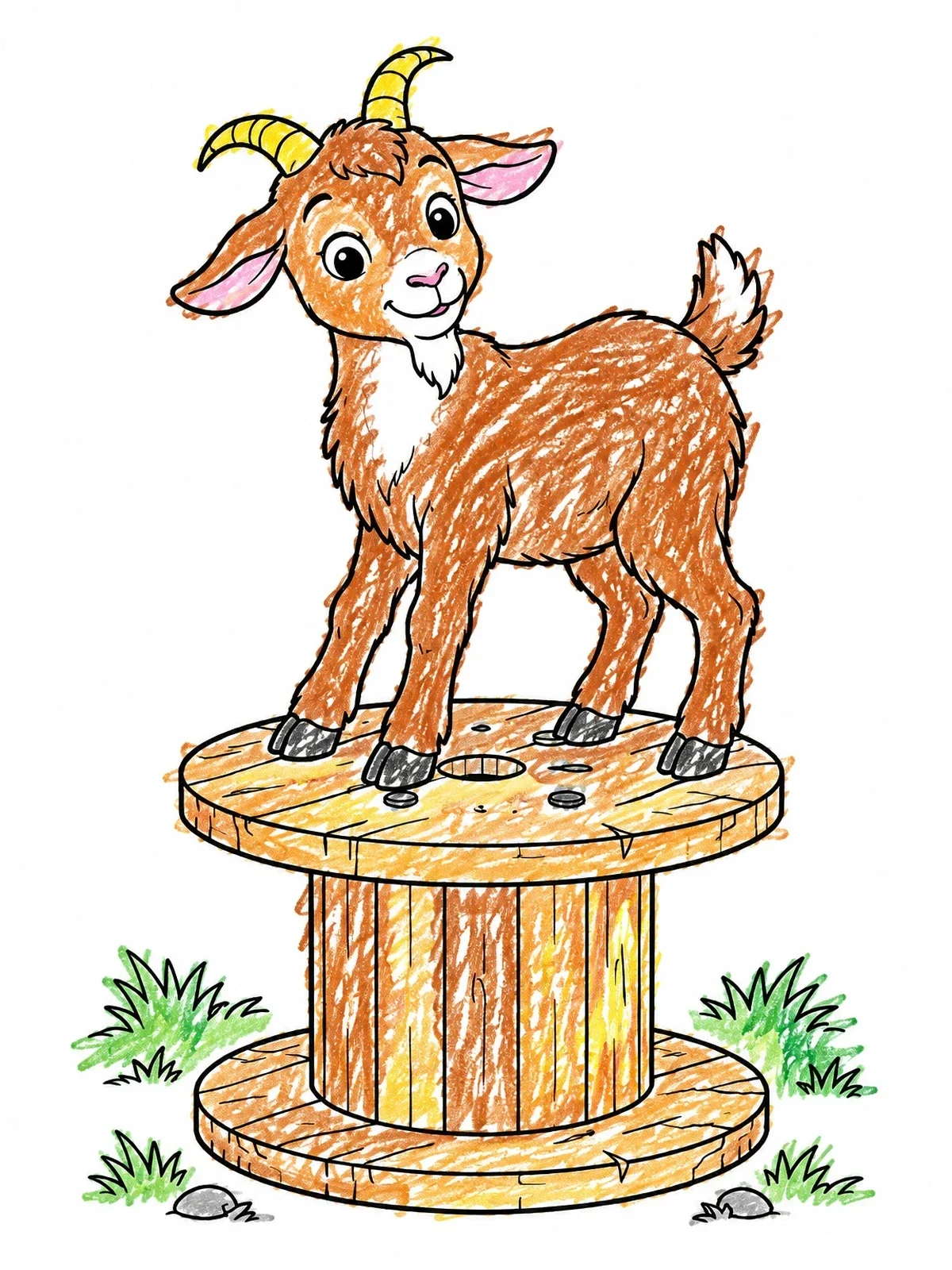 Colored example of the Playful Baby Goat On Wooden Spool coloring page