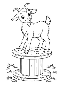 A cute baby goat standing on a wooden cable spool in this farm animals coloring page.