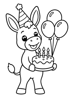 A farm animals coloring page featuring a happy donkey holding a birthday cake with candles and balloons.
