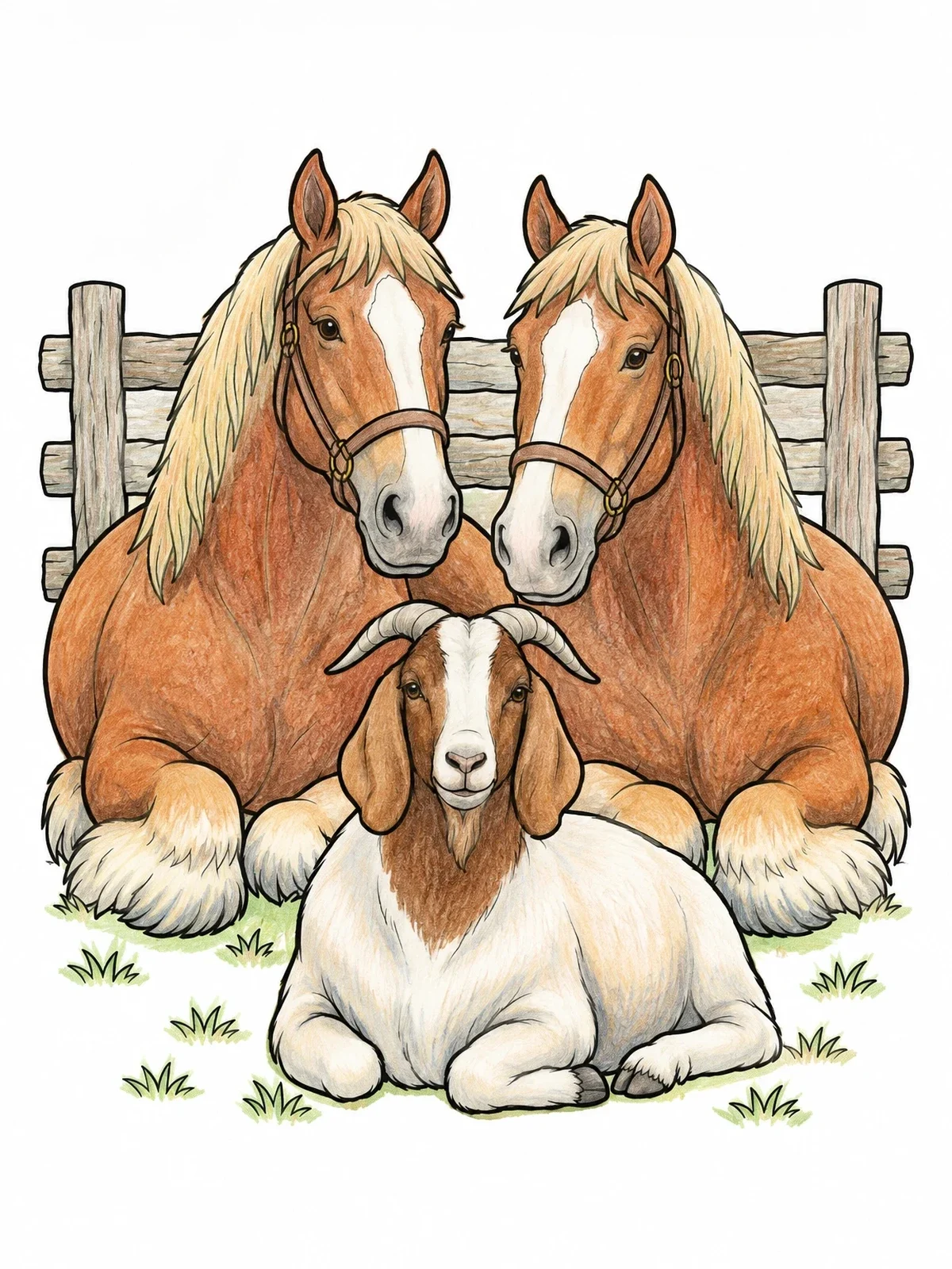 Colored example of the Boer Goat Resting With Draft Horses coloring page
