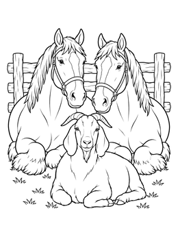 A sweet goat and two draft horses rest together in this farm animals coloring page.