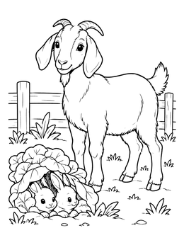 A boer goat standing near bunnies in a cabbage patch on this farm animals coloring page.