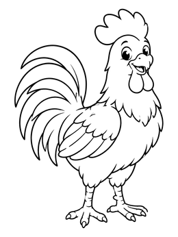 A cheerful cartoon rooster stands proudly in this farm animals coloring page.