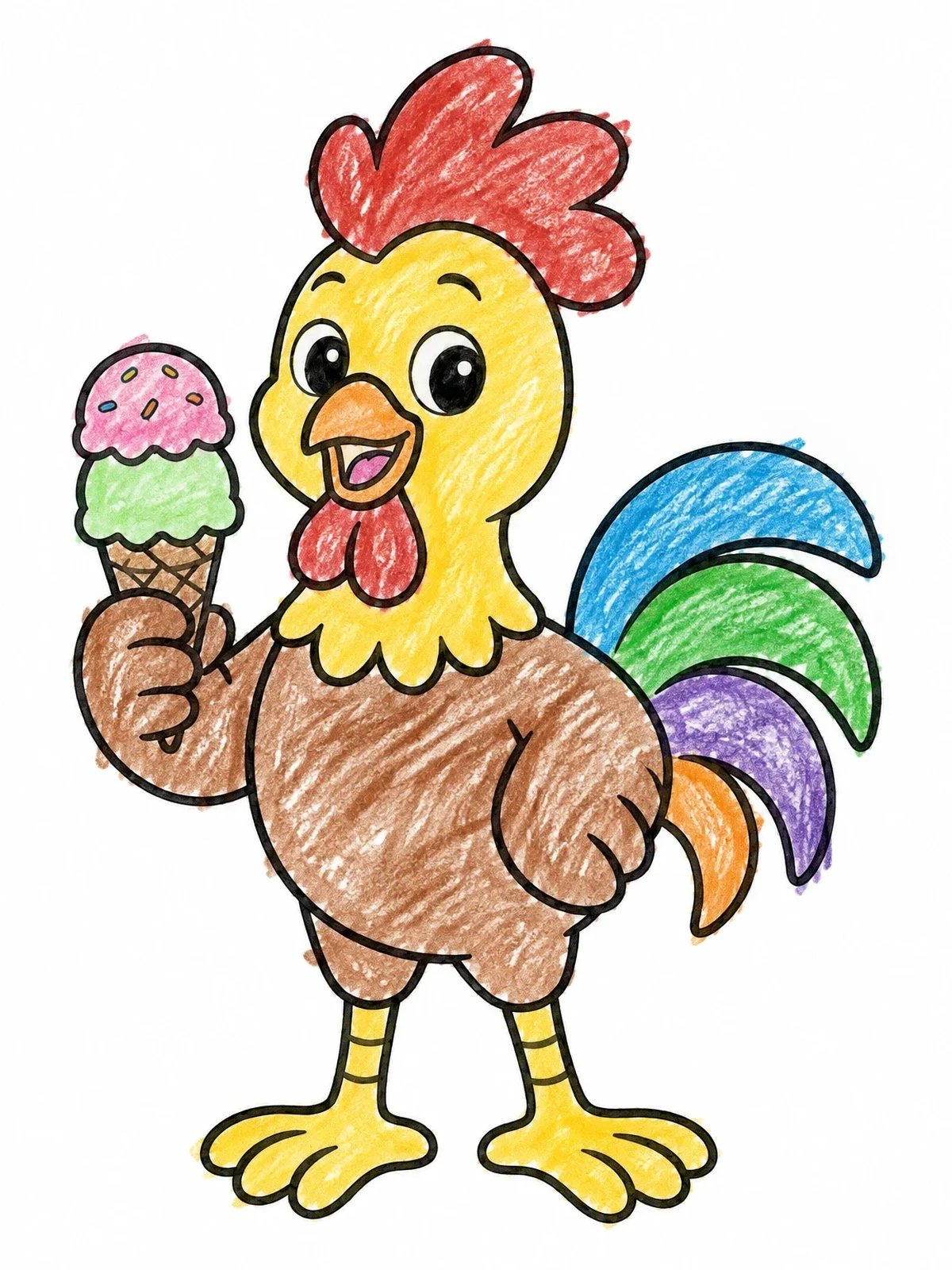 Colored example of the Cheerful Rooster With Ice Cream Cone coloring page