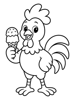 A happy farm animals coloring page featuring a cartoon rooster holding a double scoop ice cream cone.
