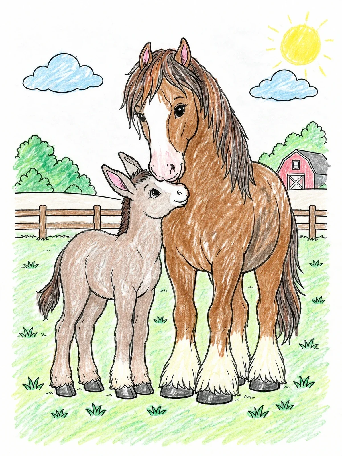 Colored example of the Clydesdale Mare And Sweet Foal coloring page